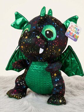 Green and Black Star-Print Plush Dragon Stuffed Toy